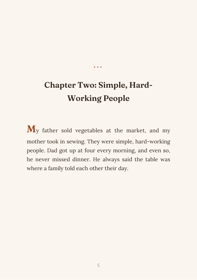 On the right, Chapter Two opens: Simple, Hard-Working People, with a drop cap.