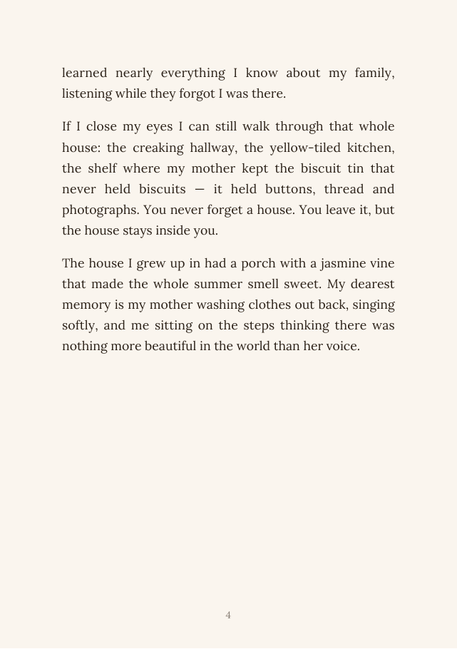 The book open: on the left, chapter one continues with memories of the childhood home.