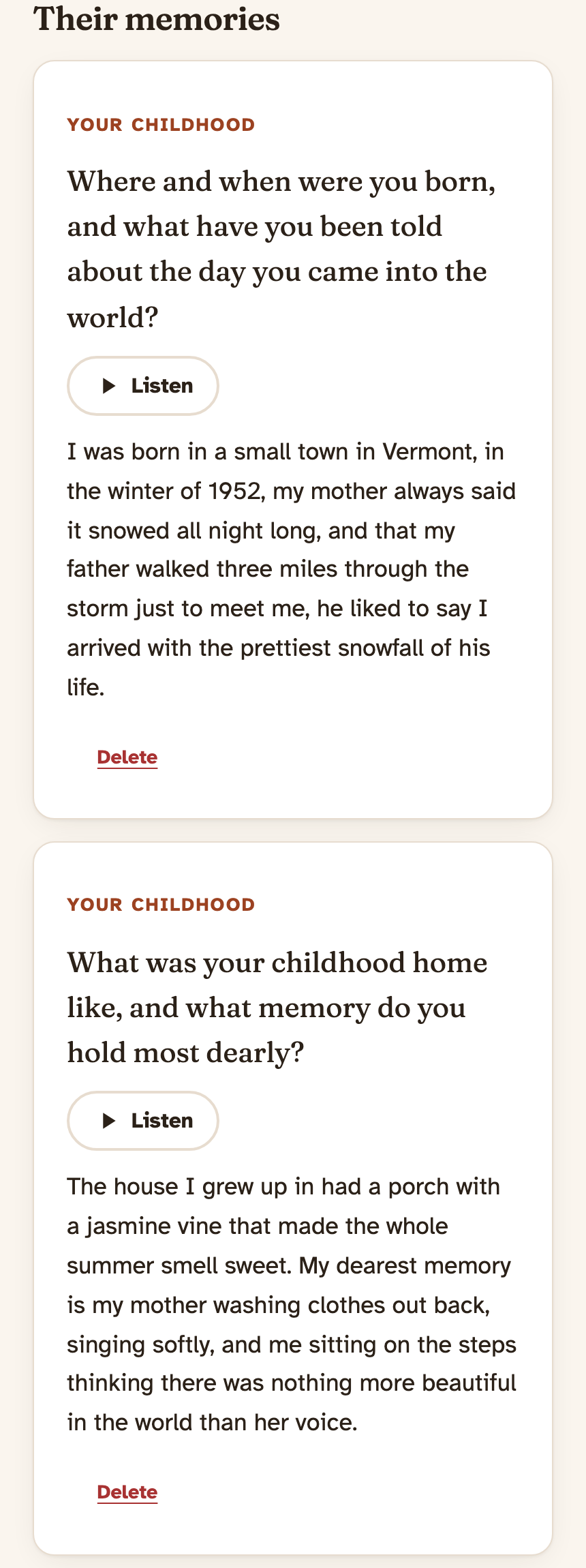 Two memories in your panel: each with its question, the Listen button, and the full transcript.