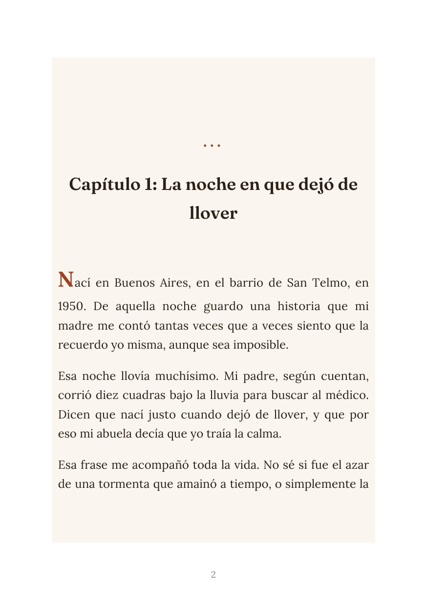 Página interior: Capítulo 1, La noche en que dejó de llover, con letra capital.