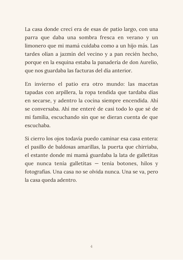 El libro abierto: a la izquierda sigue el capítulo 1, con los recuerdos de la casa de la infancia.