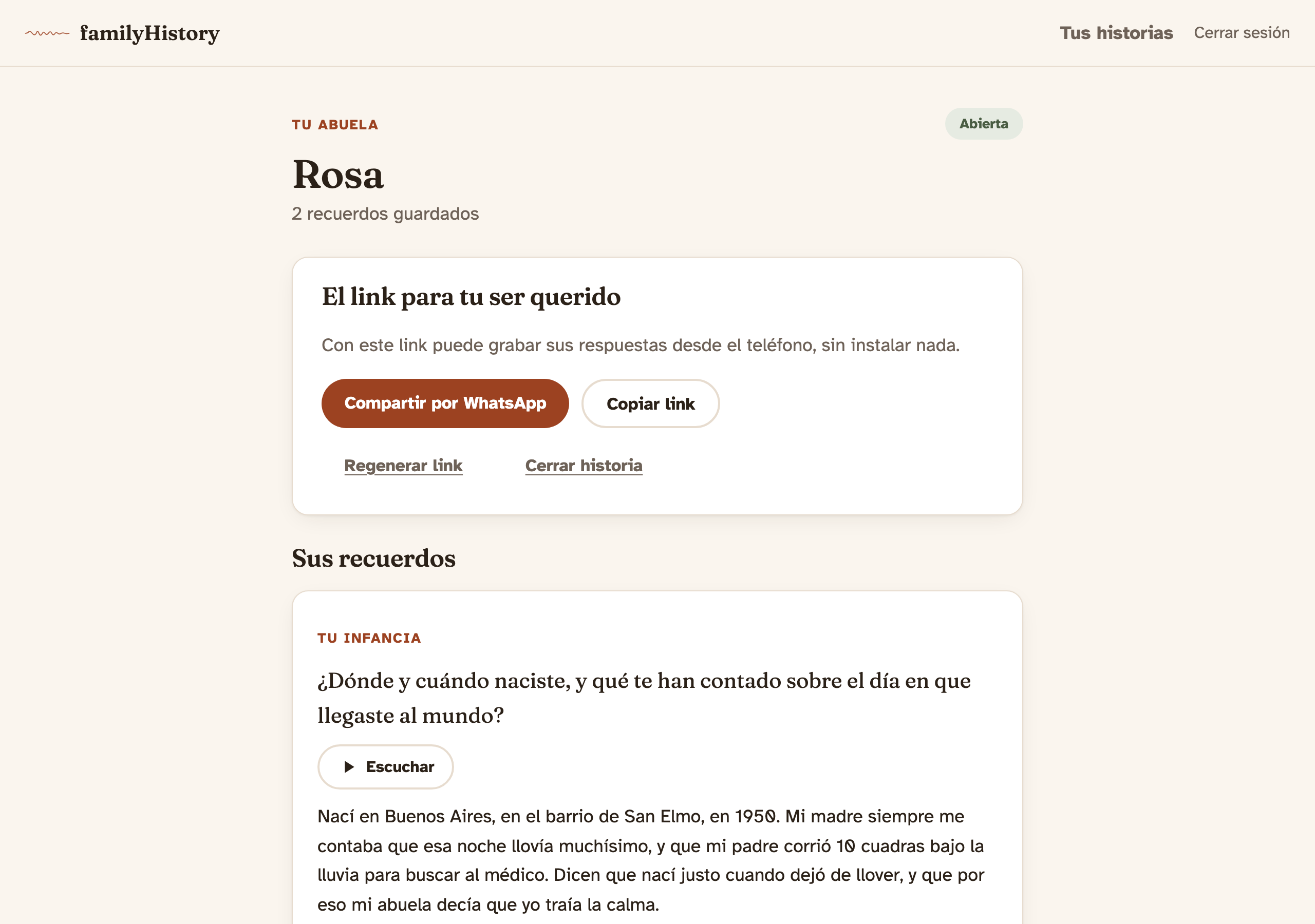 Panel del organizador: la historia de Rosa con el link para compartir y sus recuerdos transcriptos.