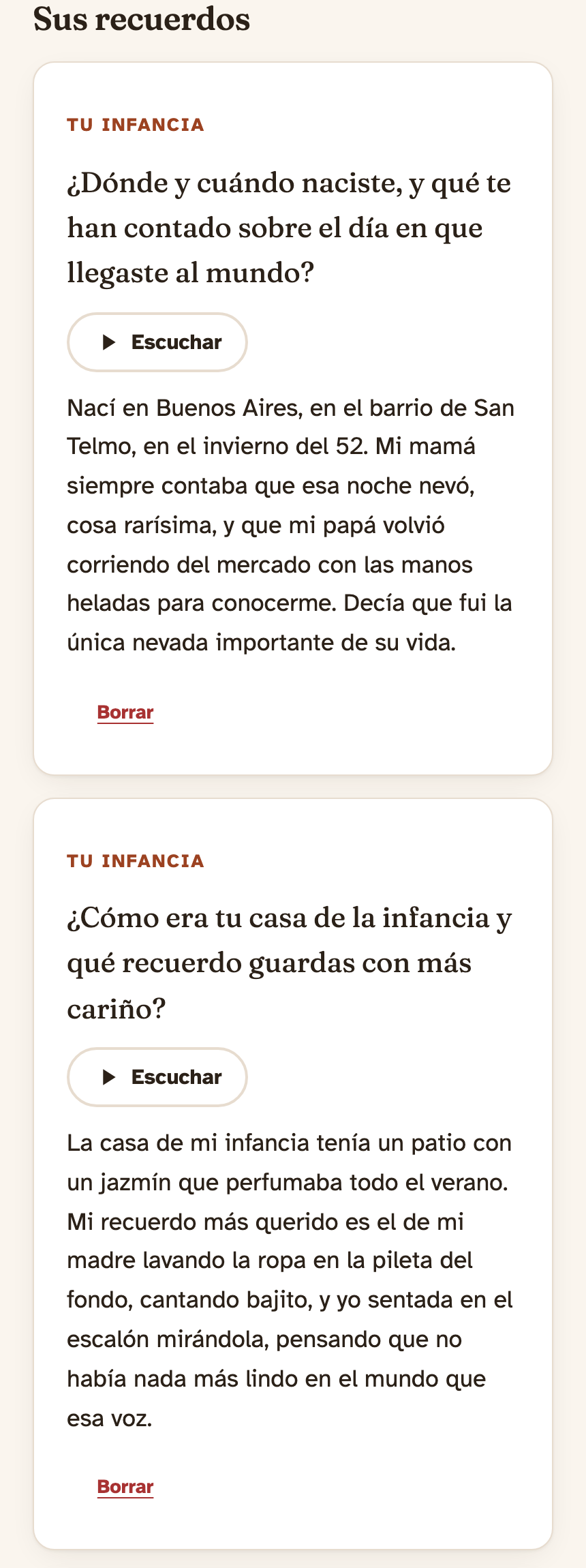 Dos recuerdos en tu panel: cada uno con su pregunta, el botón Escuchar y la transcripción completa.