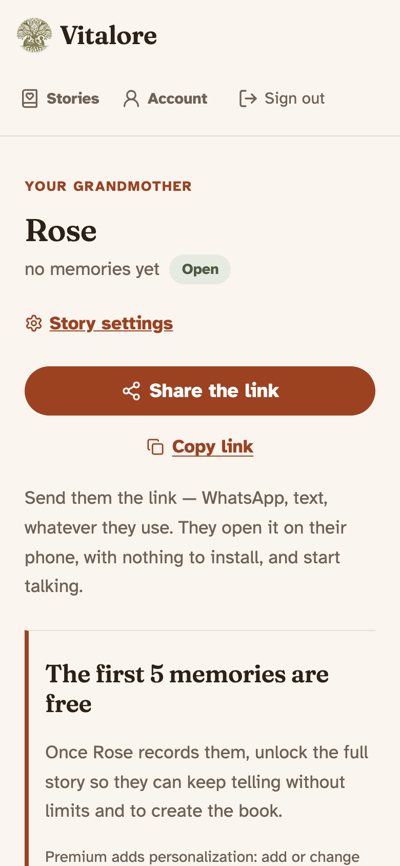 The freshly created story with the big “Share the link” button and the “Copy link” option.
