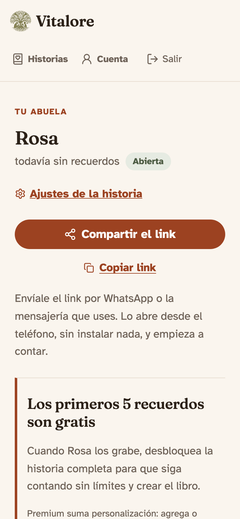 La historia recién creada, con el botón grande «Compartir el link» y la opción «Copiar link».