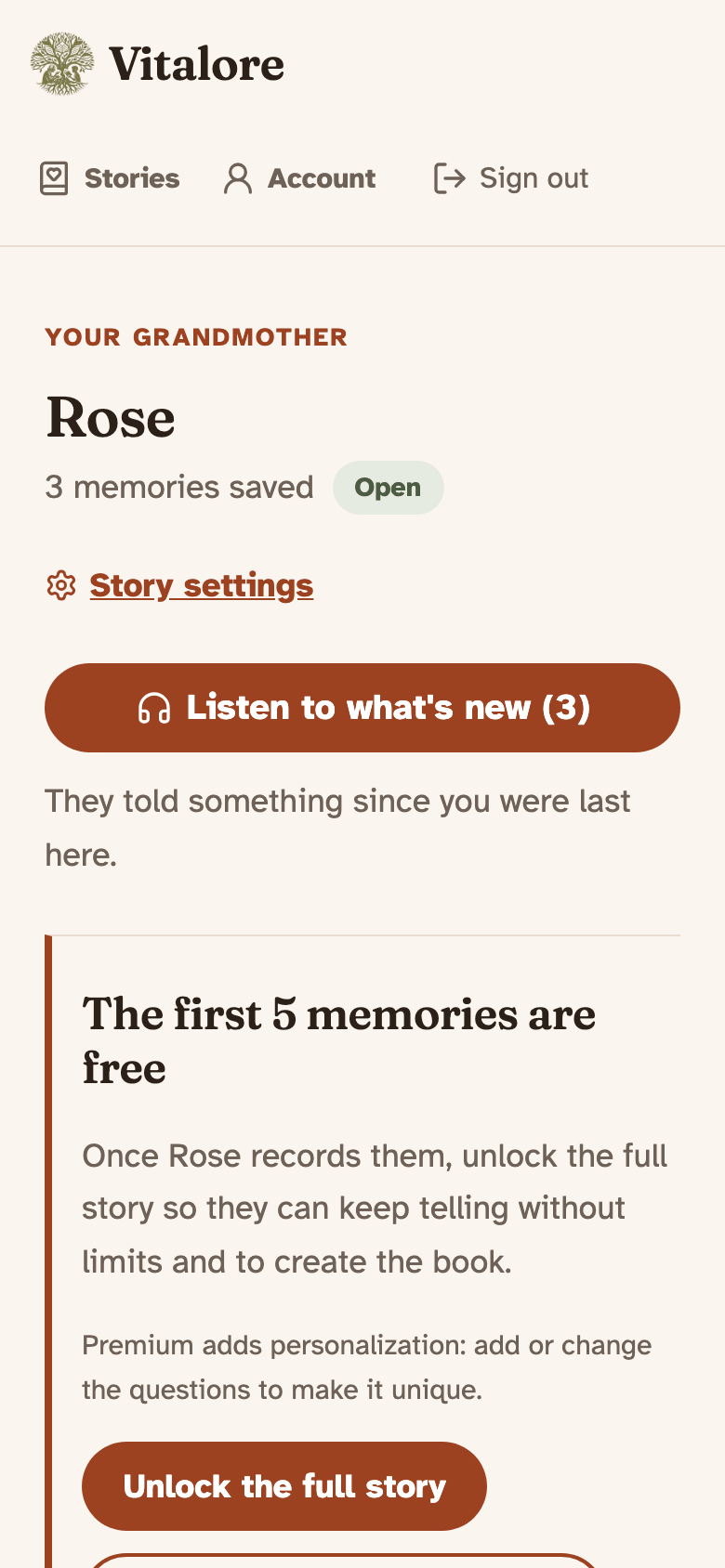Your panel with Rose’s memories: “Listen to what’s new” and each answer with its audio.