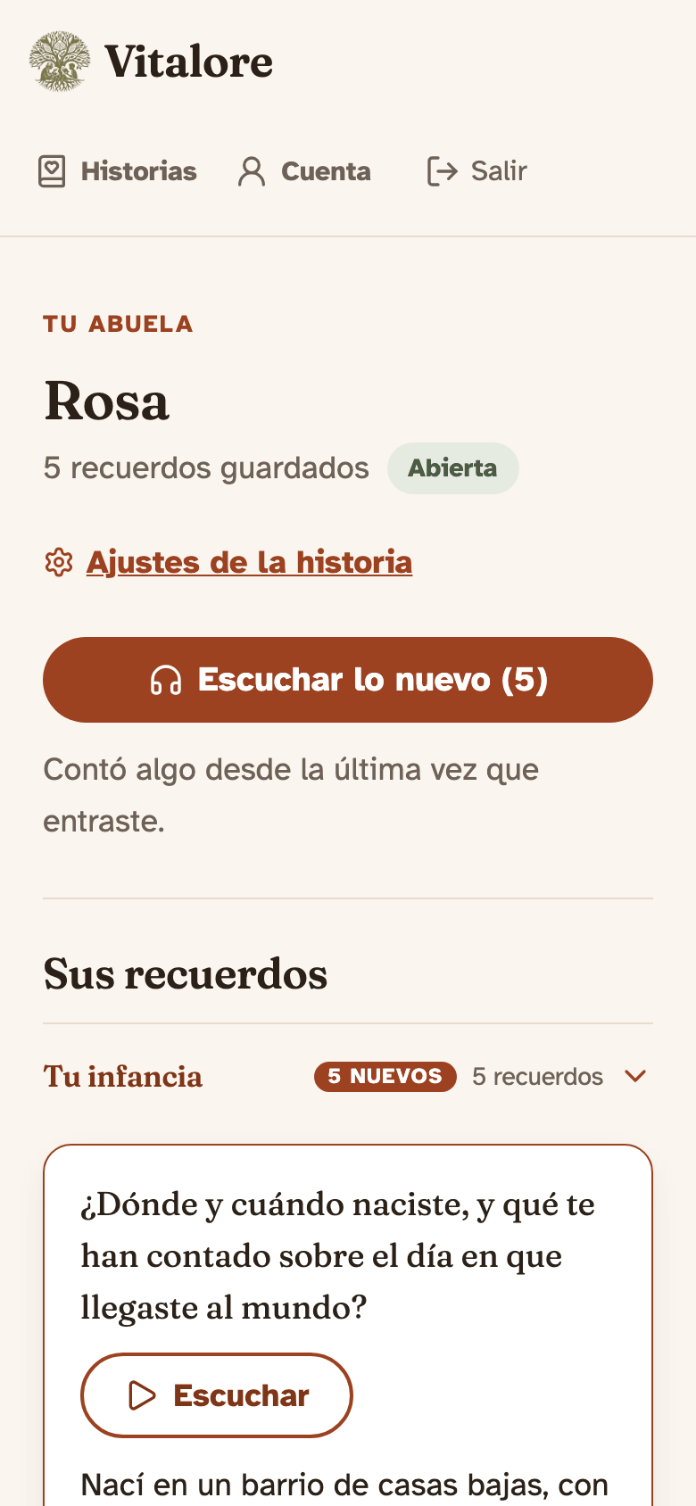 Tu panel con los recuerdos de Rosa: «Escuchar lo nuevo (5)» y cada respuesta con su audio.