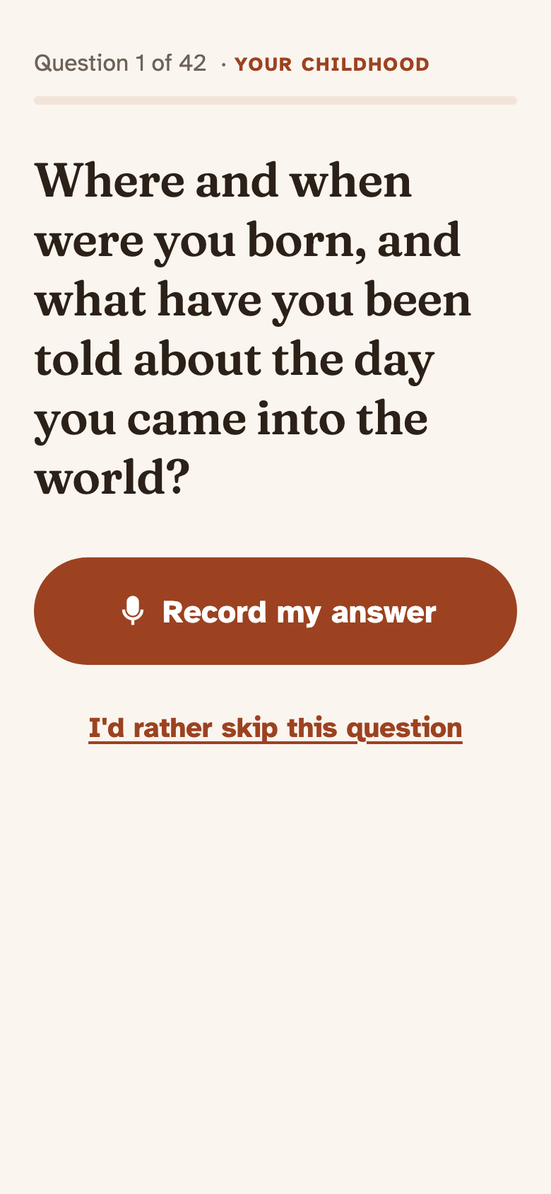The app while recording: the question in large type and the record button.